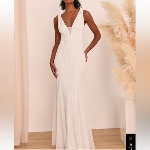 Lulus Dreaming Of Eternity White Beaded Mermaid Maxi Wedding Dress